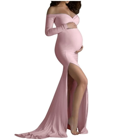 

TAIAOJING Women s Long Sleeve Nursing Dresses Pregnants Photography Props Off Shoulder V-Neck Slit Long Maternity Dress