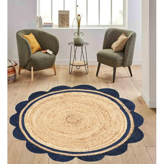 7 Ft Round Navy Blue & Natural Jute Premium Scalloped Jute Rug – Handcrafted Natural Braided Carpet for Living Room, Bedroom, Entryway – Boho Home Decor