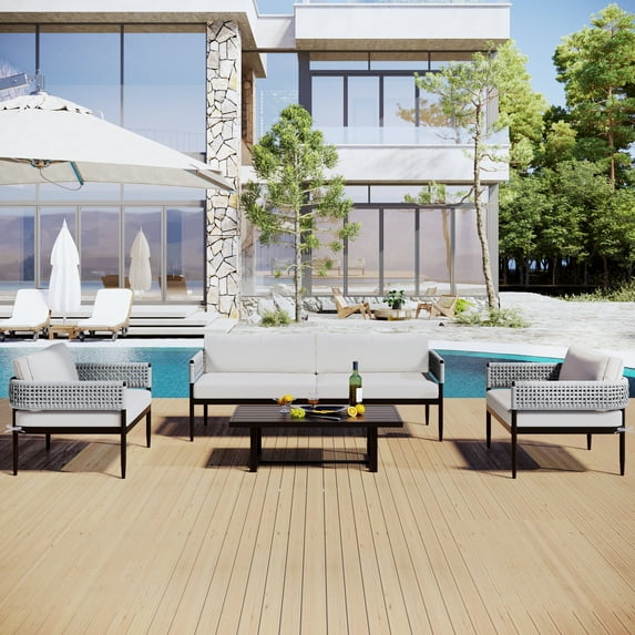 Modern Light Luxury Style Outdoor Furniture 4 Pieces Suit, Patio Combination Conversation Set, Soft Cushioned Steel Frame Sofa with Coffee Table , Beige