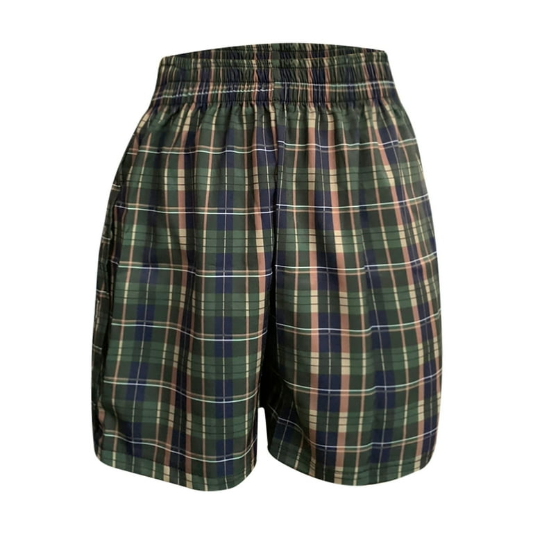 Women's Comfy Linen Elastic Waisted Plaid Shorts Button Summer