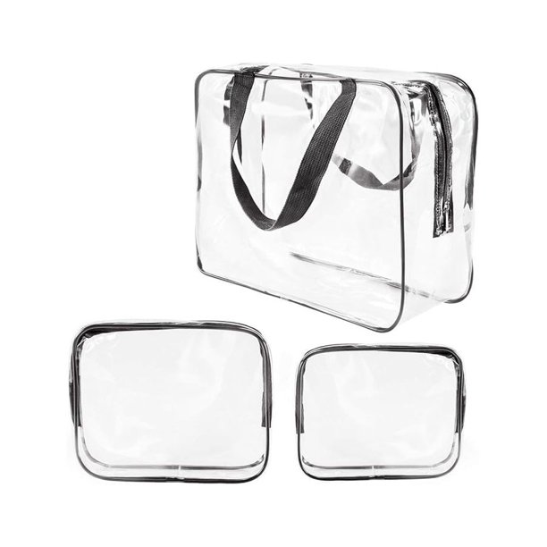 Bolso cosmético transparente de almacenamiento, cubos resistentes al agua con cierre de cremallera y asas que llevan para mujeres y hombres, caja del cepillo del maquillaje (3 Pcs) (Negro)
