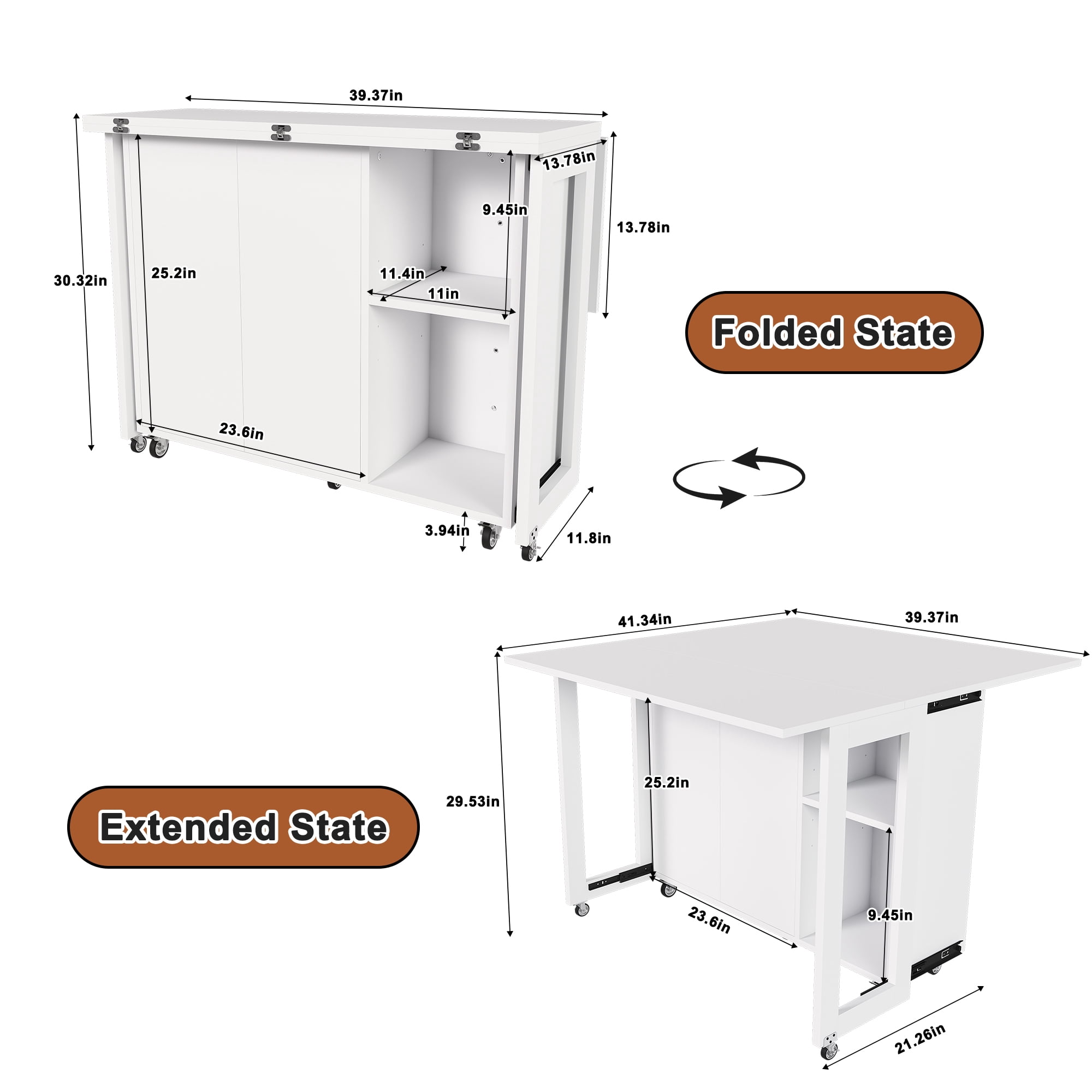 Mintazer 3‑in‑1 Folding Dining Table with 4 Large Storage Shelves & Storage Compartments, Multi‑Mode Convertible Table Cabinet with Lockable Wheels for Small Space Kitchen Apartment, White