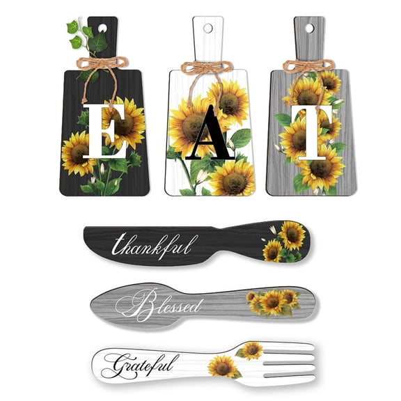 PH 6pcs Sunflower Kitchen Wall Decor Wood Sign Eat Sign Fork Spoon Wall Decor Hanging Plaques Farmhouse Cutting Board Sign with Hemp Rope for Home