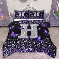 Feelyou Glitter Letter H Bedding Comforter Set for Girls, Dreamy Kawaii Butterfly Twin Comforter Sets, Purple Fashion Reversible Bedding Set, Luxury Bedroom Decor, 2pcs