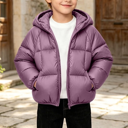 Cethrio Boys Puffer Jackets Hooded Warm Long Sleeve Zip up Winter Outerwear with Pockets Purple Size 7-8 T