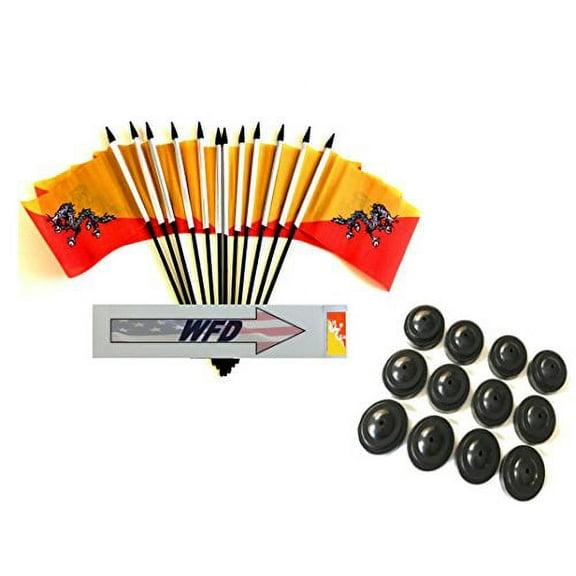 Pack of 12 4"x6" Bhutan Polyester Miniature Office Desk & Little Table Flags, 1 Dozen 4"x 6" Bhutan Small Mini Handheld Waving Stick Flags with 12 Flag Bases (Flags with Stands)