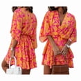 thumbnail image 4 of Women'S V-Neck Fashion Print Wavy Sleeve Skirt Dress Summer Spring Floral Boho Dress Tangerine Color XL, 4 of 6