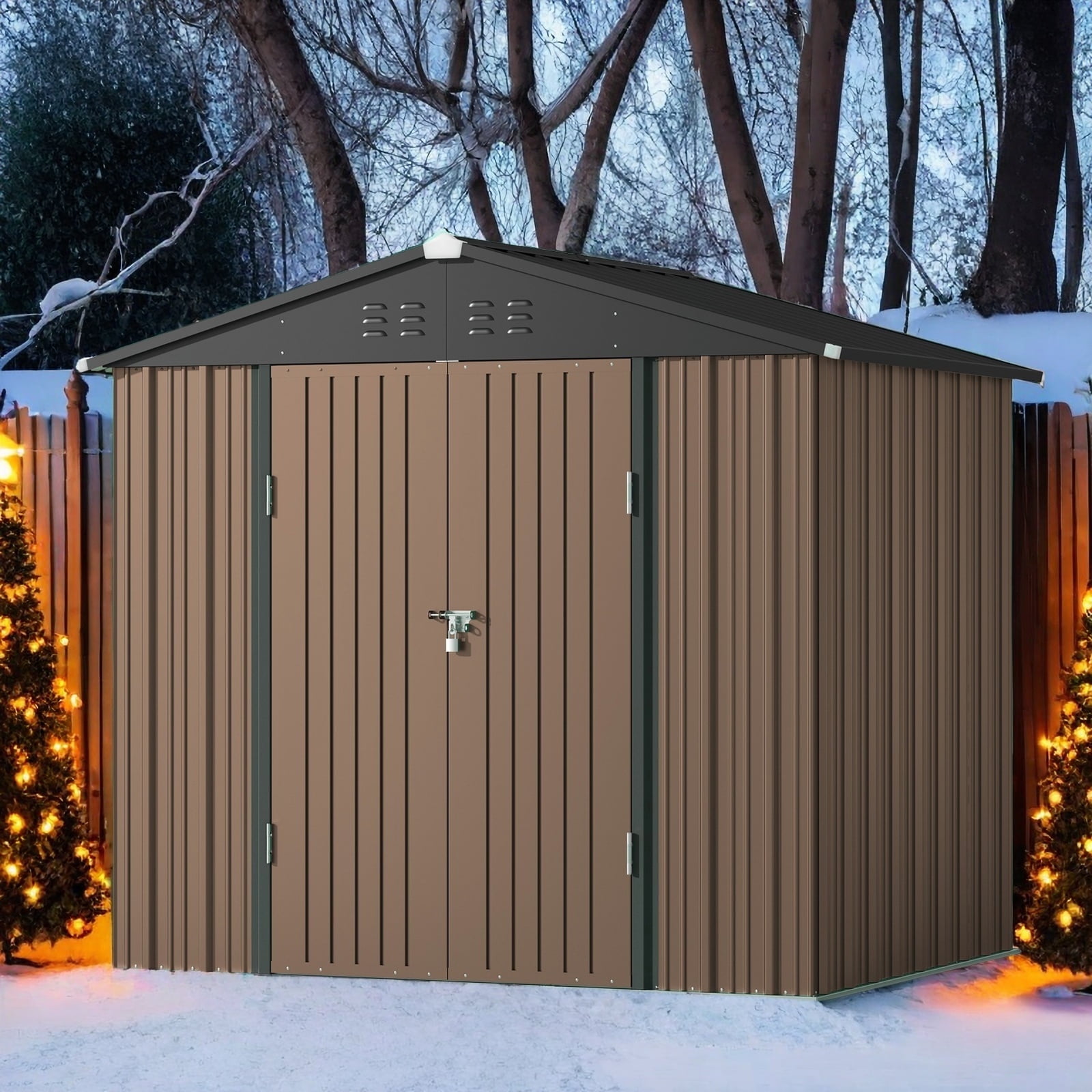 Lofka Outdoor Storage Shed 8 x 6 FT, Galvanized Metal Garden Shed with Double Lockable Doors, Outdoor Storage Clearance for Backyard Patio Lawn- Brown