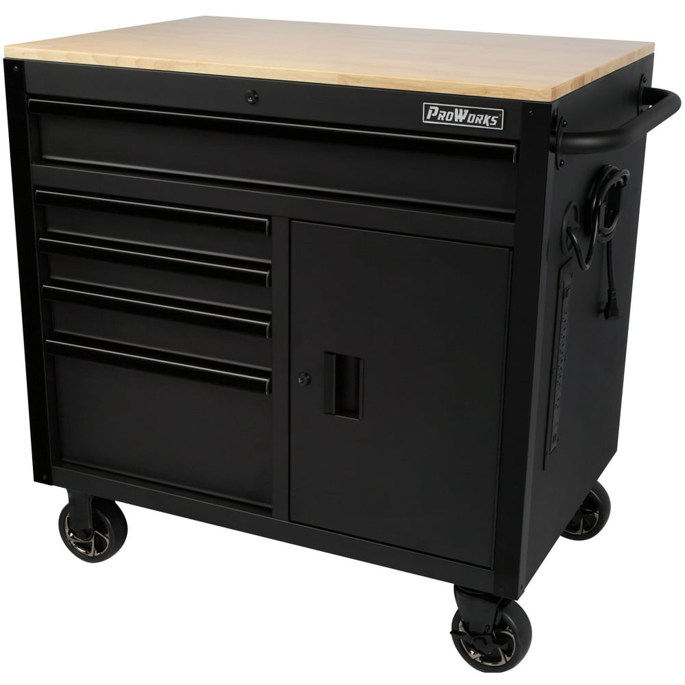 ProWorks 36-Inch W x 24.5-Inch D 5-Drawer 1-Door Mobile Tool Chest Workbench with Solid Wood Top, W36MWC5XD