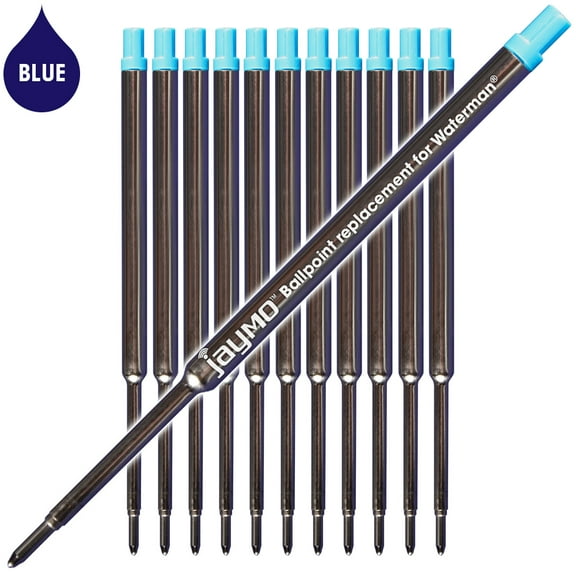 Jaymo Replacement for Waterman 834264 - Measures 4.4 in / 112 mm Long - Ballpoint Pen Refill - 12 Blue