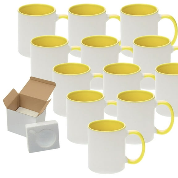 Mugsie 12 Pcs 11OZ Yellow Inside & Handle Sublimation Mugs With Foam Support Boxes