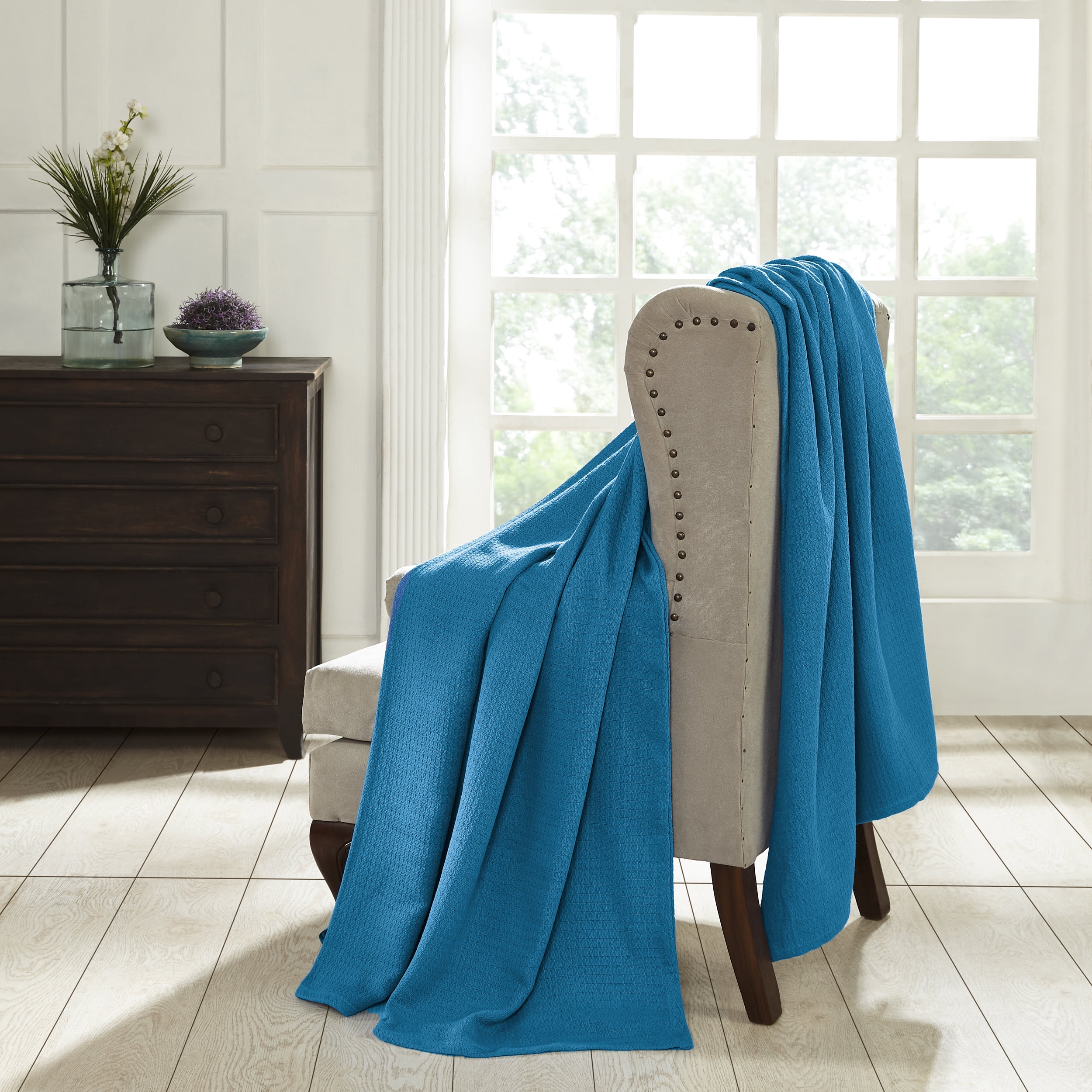 BNM Waffle Weave Honeycomb Knit Cotton Blanket, King, Azure