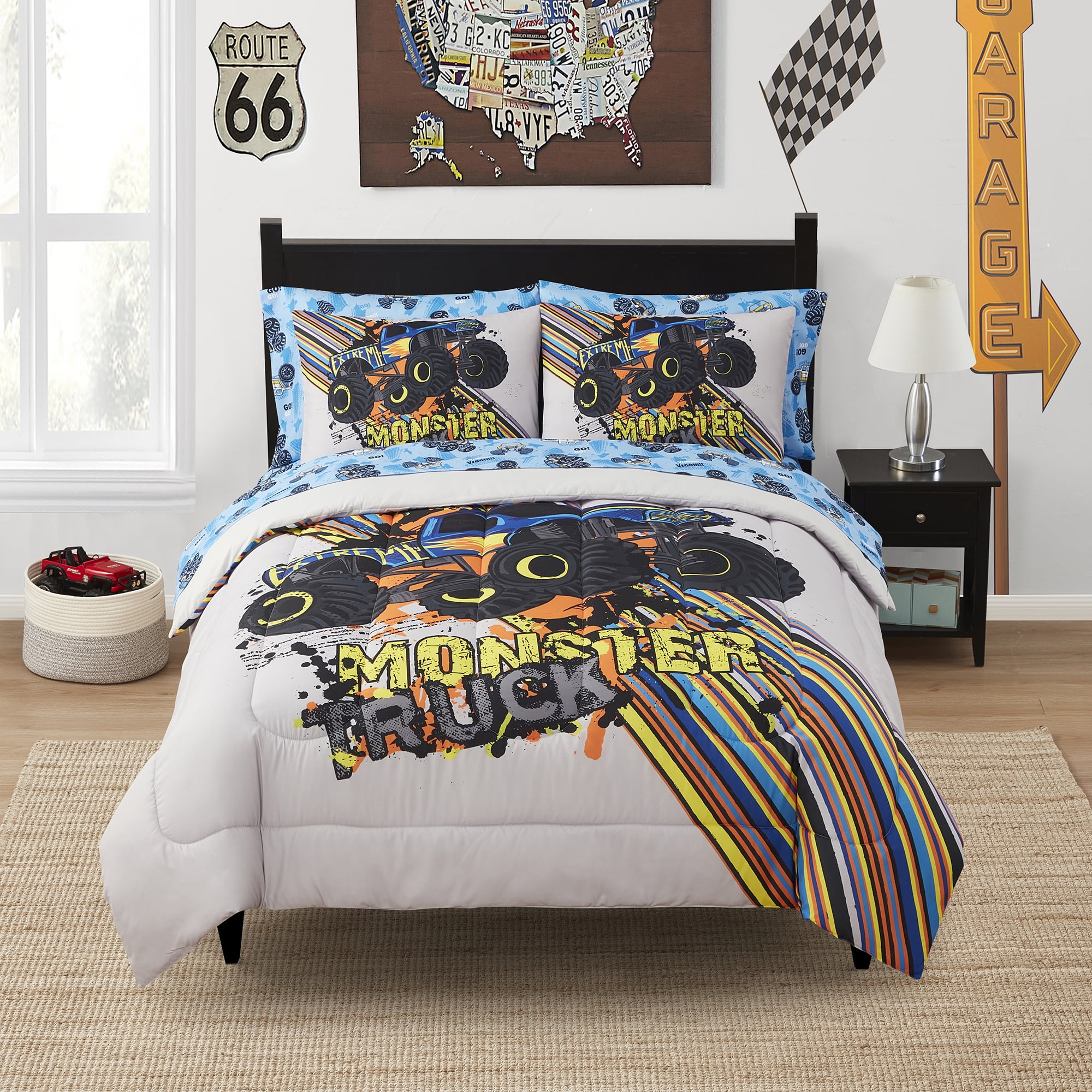 Kids Monster Truck Bed in a Bag 7 Piece Comforter, Sham & Sheet Set Full