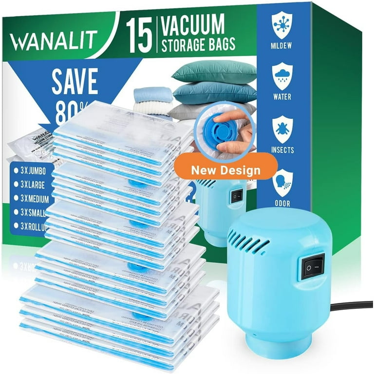 Wanalit Vacuum Storage Bags,15 Combo Space Saver Vacuum Storage Bags(3 Jumbo/3 Large/3 Medium/3 Small/3 Roll Up), Airtight Vacuum Sealed Bags with