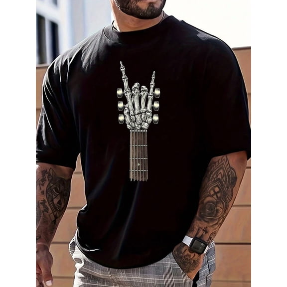 【New Arrival】Skeleton Hand Rock Gesture Guitar Neck Graphic T-Shirt, Cotton Crew Neck Short Sleeve Tee, Music Rock Casual Streetwear Novelty Gift For Guitar Music Lovers