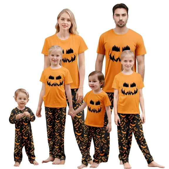Onlypjs Halloween Family Matching Pajamas Set Pumpkin Face Sleepwear Orange Short Sleeve Top and Black Printed Pants Holiday Loungewear Outfit