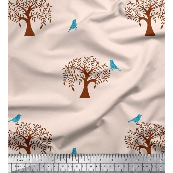 Soimoi Silk Fabric Bird & Tree Block Print Fabric by The Yard 42 Inch Wide