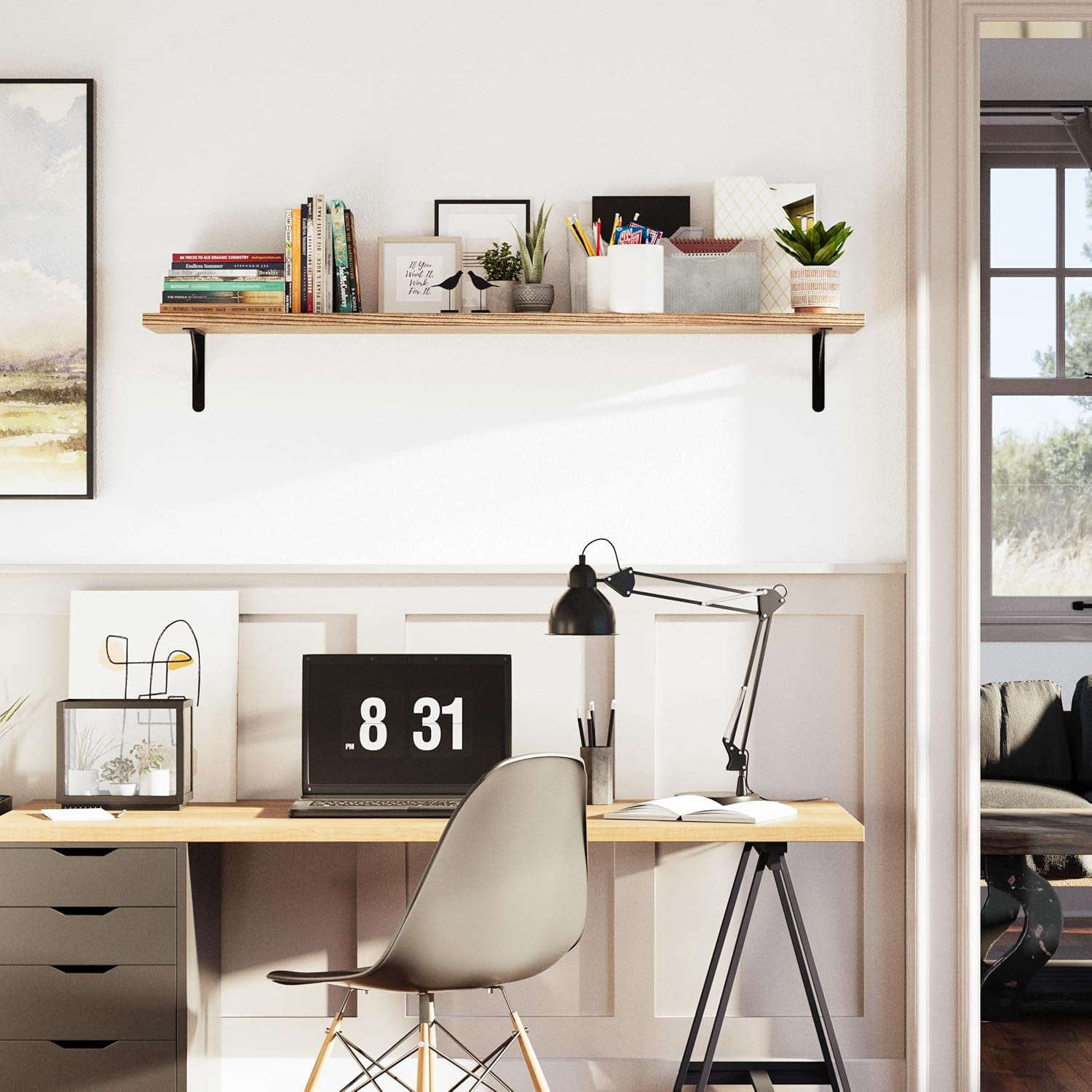 Wallniture Forme 54 x 10 inch Wood Floating Shelves for Living Room, Bedroom, Kitchen Storage Shelving, Wall Mounted Long Shelf, Natural Burnt Color, 1pc