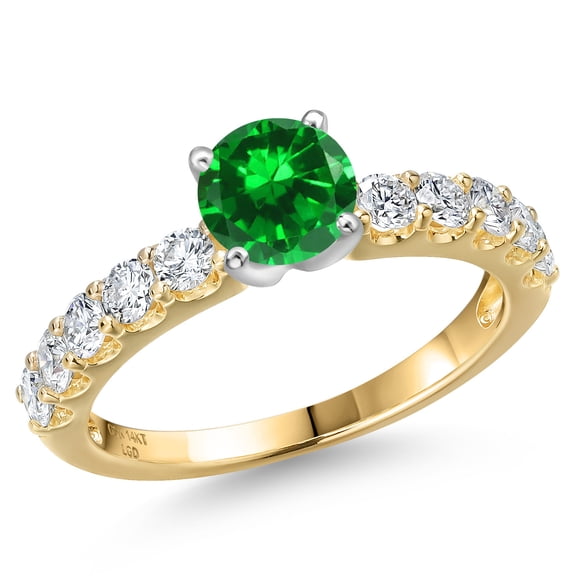 Gem Stone King 14K Two Tone Gold Green Created Emerald and Lab Grown Diamond Engagement Ring for Women | 1.49 Cttw | Round 5MM | Gemstone May Birthstone | Size 8
