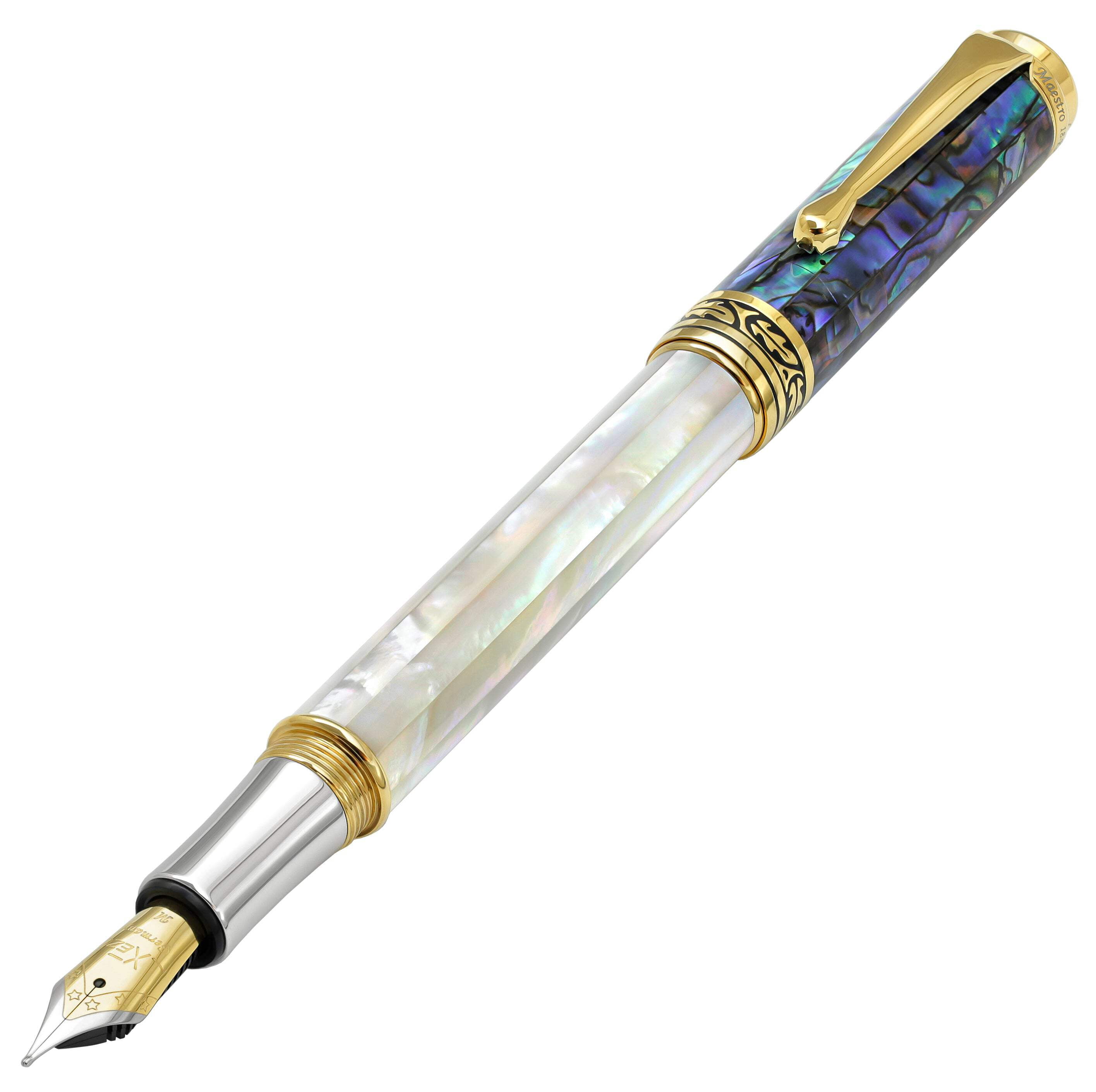 Xezo Xezo Maestro® 18K Gold Plated Fountain Pen (Medium Nib) - Oceanic White Mother of Pearl  Paua Abalone