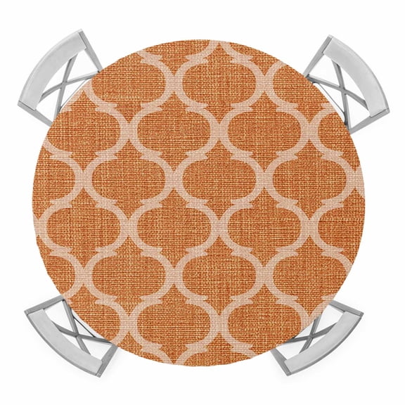 Elastic Fitted Round Tablecloth, Orange Morocco Waterproof Stretch Table Cover for 45"-54" Tables, Farmhouse Ethnic Geometric Grid Aesthetic Washable Outdoor Tablecloths for Patio, Picnic, Camping