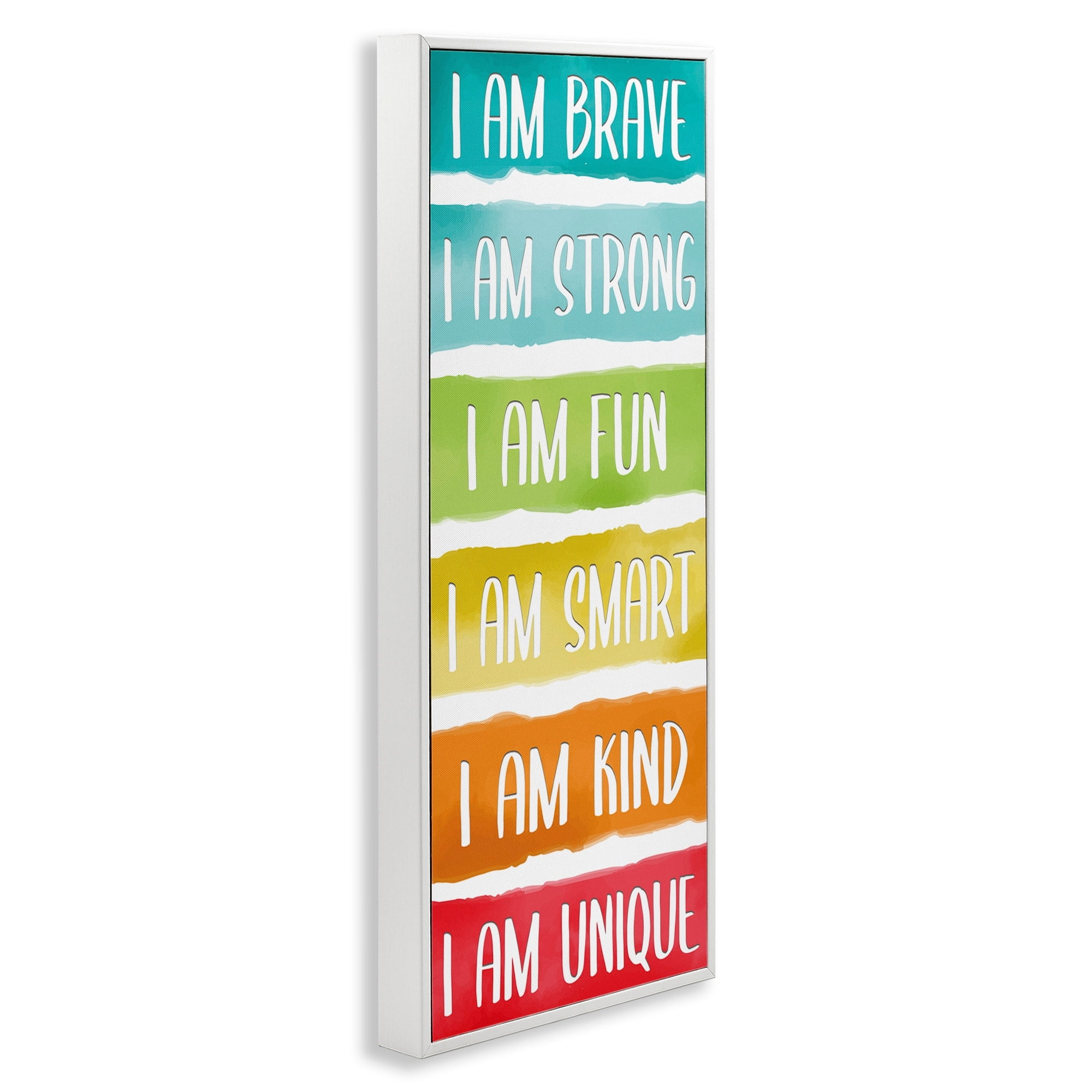Stupell Industries I'm Brave Strong Fun Inspirational Phrases Rainbow Stripes Inspirational Painting White Framed Art Print Wall Art, 13 x 30