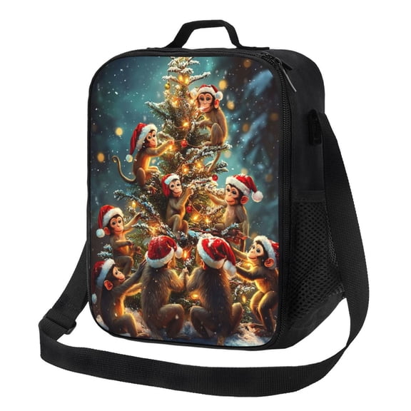 Christmas Monkey Lunch Bag Reusable Lunch Box Insulated Tote Bag with Adjustable Shoulder Strap