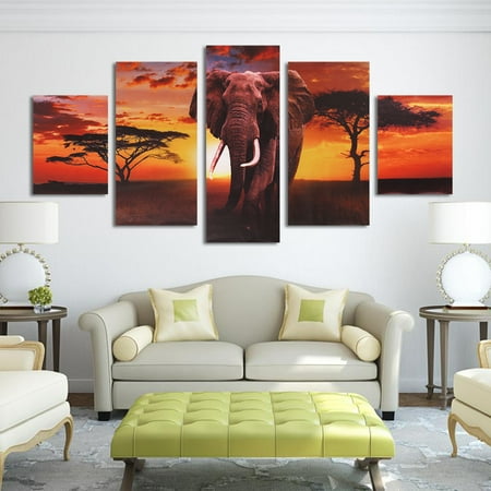 - 5 Panel Canvas Painting Print Picture Sunset Canvas art Elephant Modern Home Decor Unframed