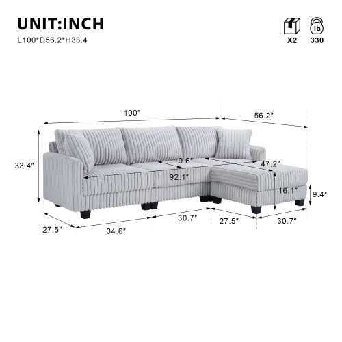 Howcool Cloud Couch Modular Sectional Sofa 3 Seat 100" L Shaped Convertible Couch Corduroy Thick Cushion with Ottoman, Removable & Washable Cover for Living Room，Grey
