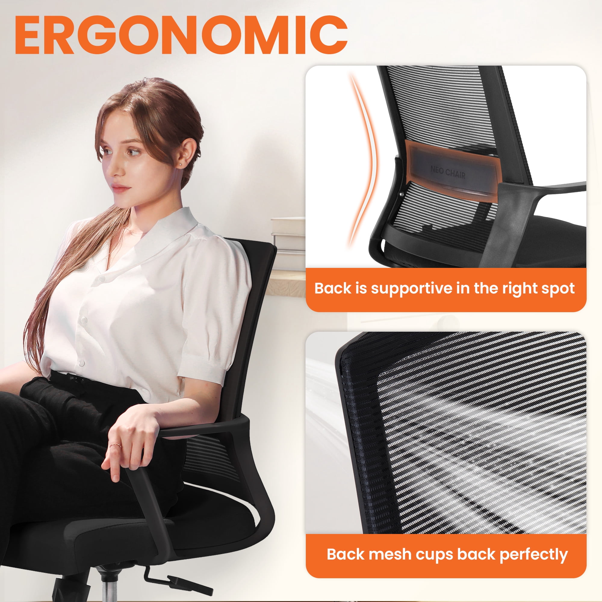 NEO CHAIR Office Chair Gaming Desk Computer Chair Ergonomic Mesh Mid Back with Wheels Lumbar Support Comfy Swivel Adjustable for Home (Black)