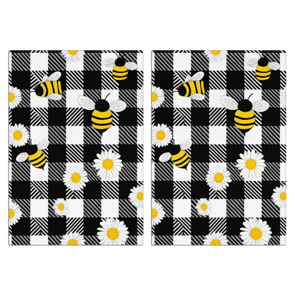 2 Pcs Funny Kitchen Towels,Bees and Daisies on Checkered Microfiber Dish Towels,Kitchen Tea Towels,Kitchen Towel Set (18" X 26")