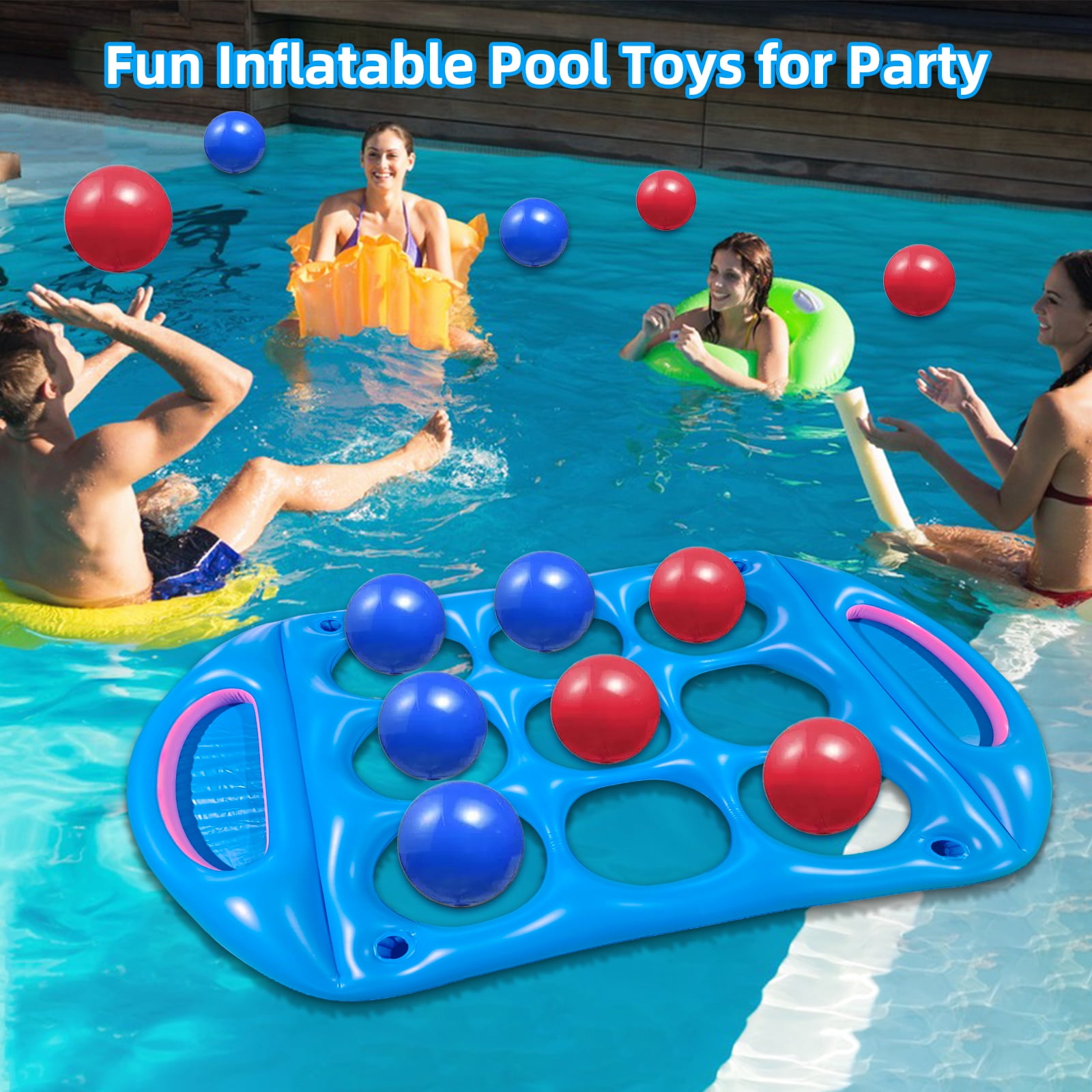 Pool Toys Games Set, Inflatable Floating Tic-Tac-Toe with 12 Balls, Cup Holder and Fruits Colder for Adults Teens Kids 2-8 Players
