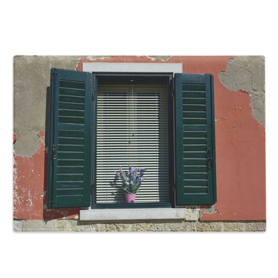 Country Cutting Board, Old Italian Stone House with Medieval Style Shutters Image of Colorful Flowers, Decorative Tempered Glass Cutting and Serving Board, Large Size, Green Grey Red, by Ambesonne