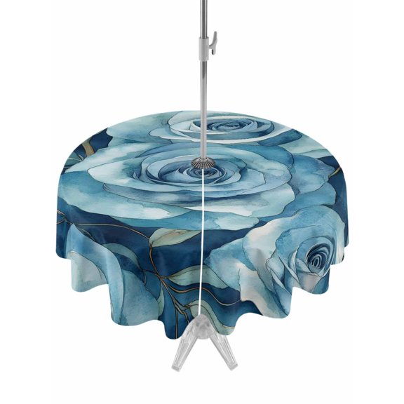 Outdoor Table Cloth with Umbrella Hole and Zipper, Blue Rose Flower Waterproof Round Tablecloth 54 Inch, Vintage Modern Abstract Painting Art Washable Table Cover for Outside Party Patio Picnic