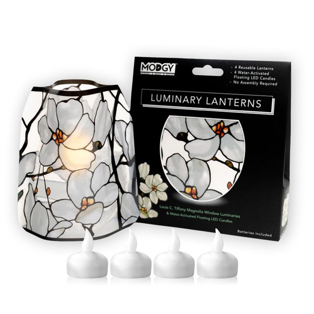 MODGY Linternas Luminarias Paquete de 4 - Velas LED flotantes con baterías incluidas - Las luminarias son ideales para bodas, fiestas, patios y celebraciones de todo tipo (ventana Louis C. Tiffany Mag