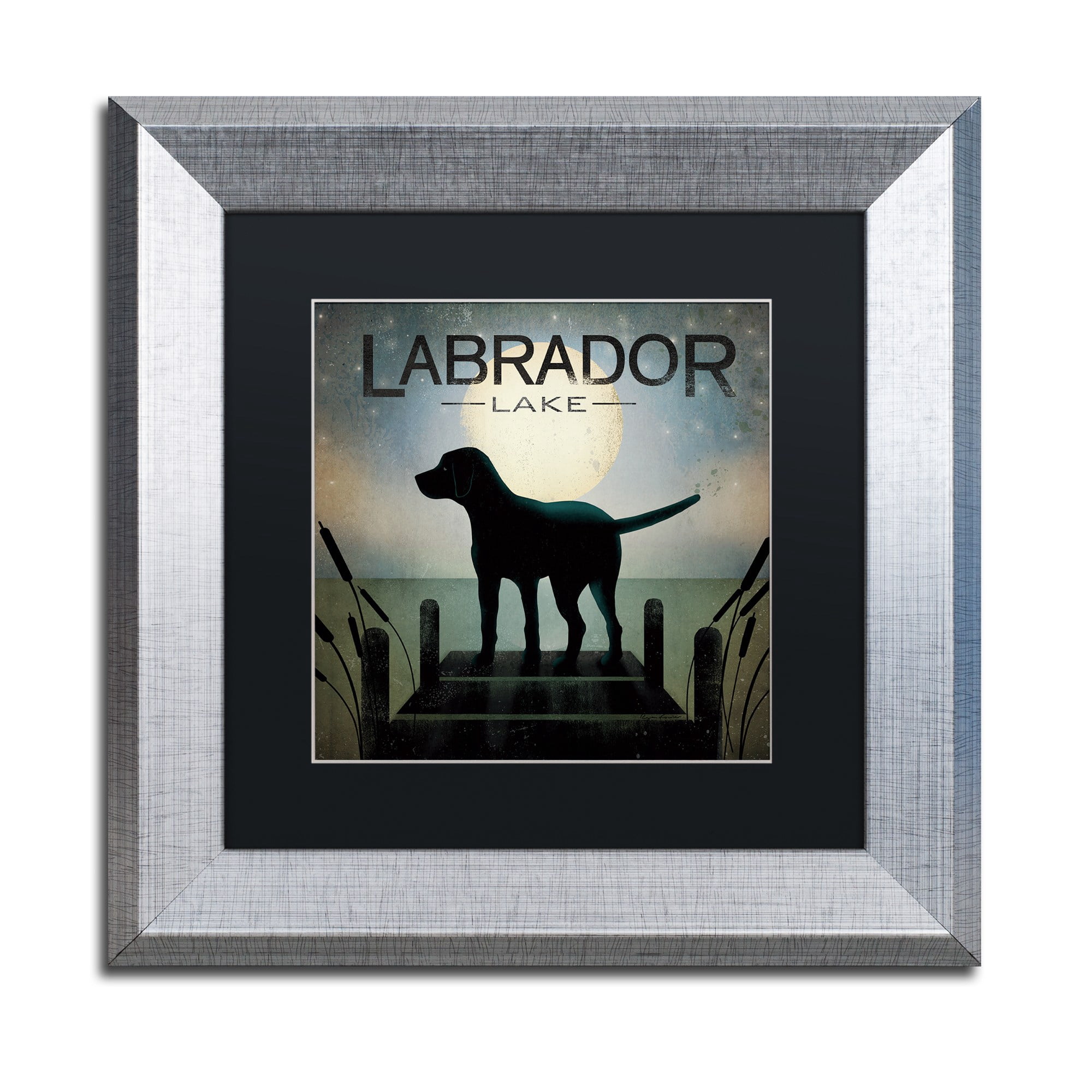 Trademark Fine Art "Moonrise Black Dog Labrador Lake" Canvas Art by Ryan Fowler Black Matte, Silver Frame