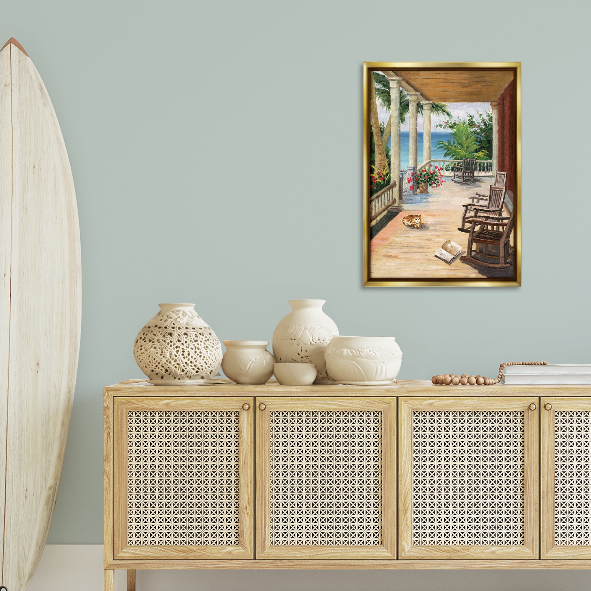 Stupell Industries Coastal Cape Cabin Coastal Painting Gold Floater Framed Canvas Art Print Wall Art, 21 x 31