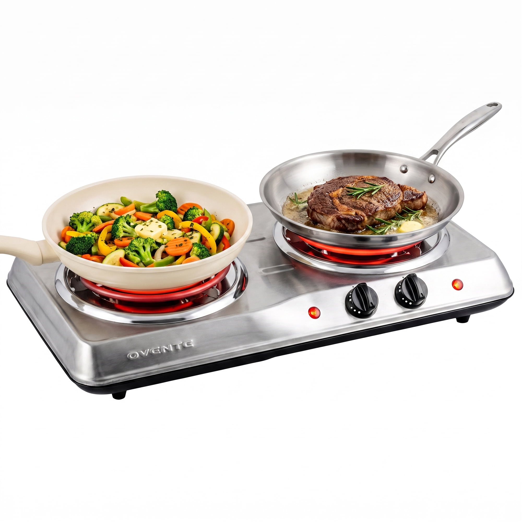 OVENTE Electric Double Burner, 1700W Coil Hot Plate, Silver BGC102S | 6" & 5.75" Portable Countertop Cooktop, Stainless Steel, 5-Level Temperature Control, Indicator Light, Easy-to-Clean, Compact