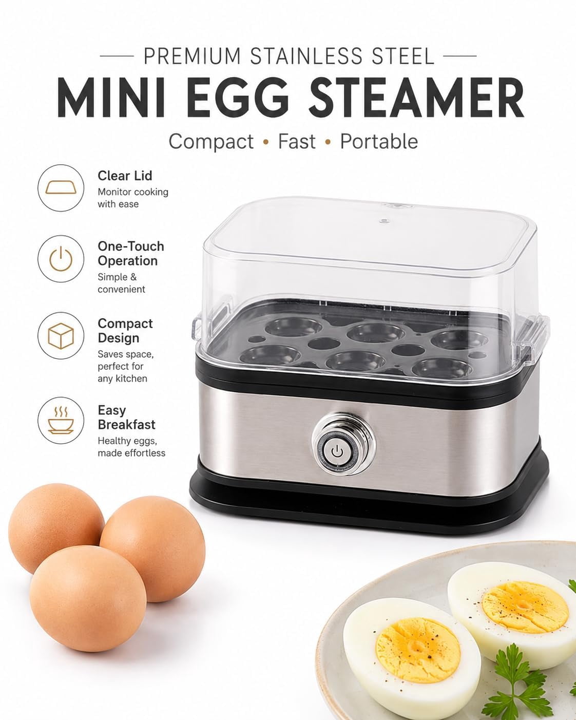 110V Multifunctional Egg Steamer with Clear Lid - Rapid Egg Cooker 6 Egg Capacity, 2026 New Stainless Steel Egg Cooker, Electric Egg Cooker with PTC Heating, Busy Mornings & Fitness Meal Prep