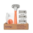 thumbnail image 1 of Flamingo Original Rasoir - Trousse de Rasage pour Femmes pour le Rasage Quotidien - Comprend 1 Manche de Rasoir, 4 Recharges à 5 Lames et 1 Support de Douche - Bande Lubrifiante - Prise Antidérapante - Charnière Flexible - Papaye, 1 of 7
