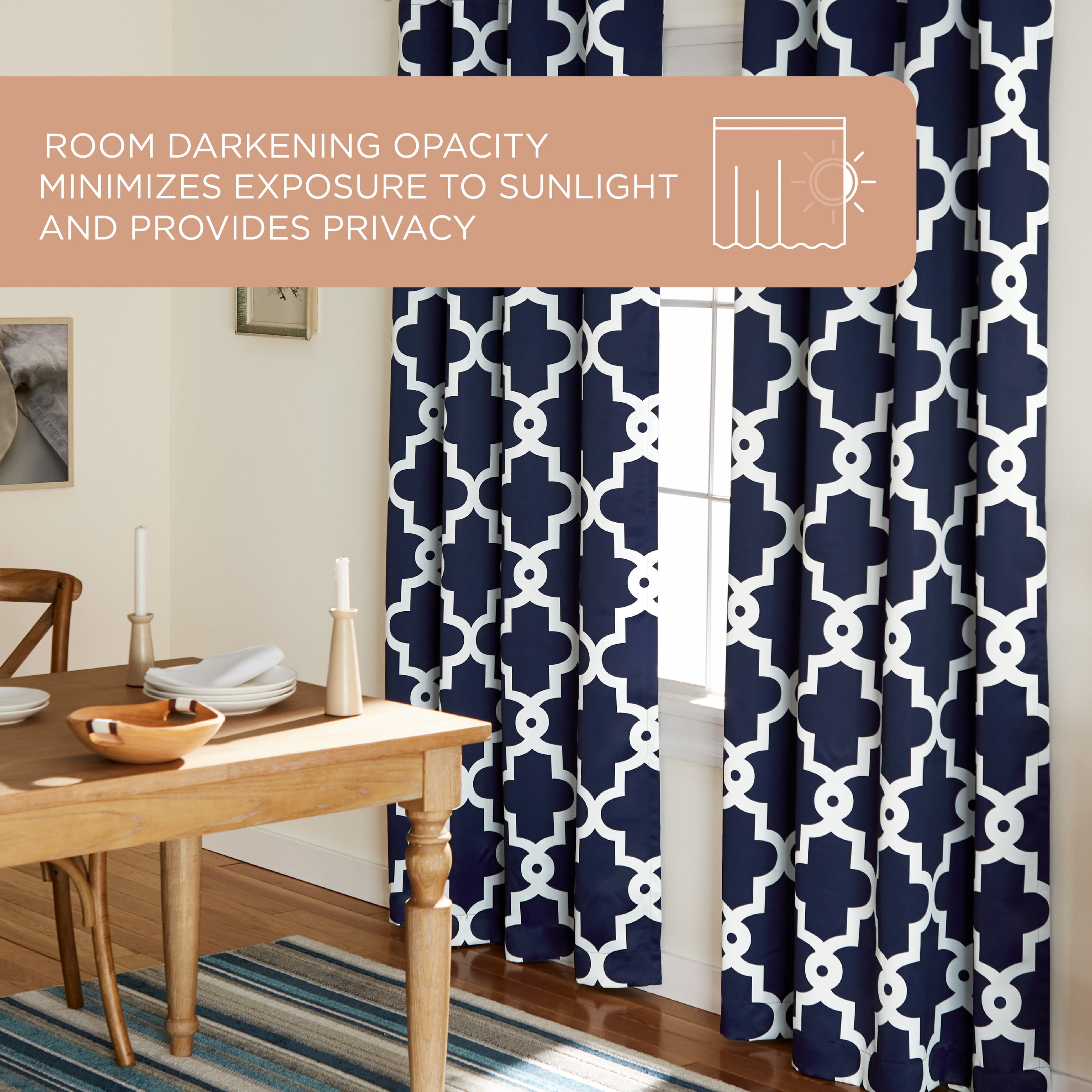 TOWN & COUNTRY EVERYDAY Ironwork Geo Trellis Sateen Indoor Curtains, Room Darkening Blackout, Grommet Top, Energy Efficient, 2-Pack Set, 52"x84", Peacoat Blue