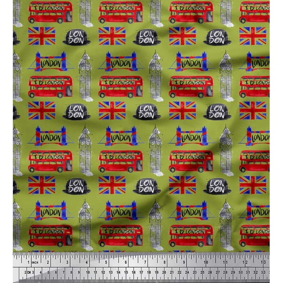 Soimoi Green Rayon Fabric London Theme Architectural Printed Craft Fabric by the Yard 56 Inch Wide