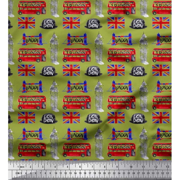 Soimoi Green Cotton Duck Fabric London Theme Architectural Print Fabric by the Yard 42 Inch Wide