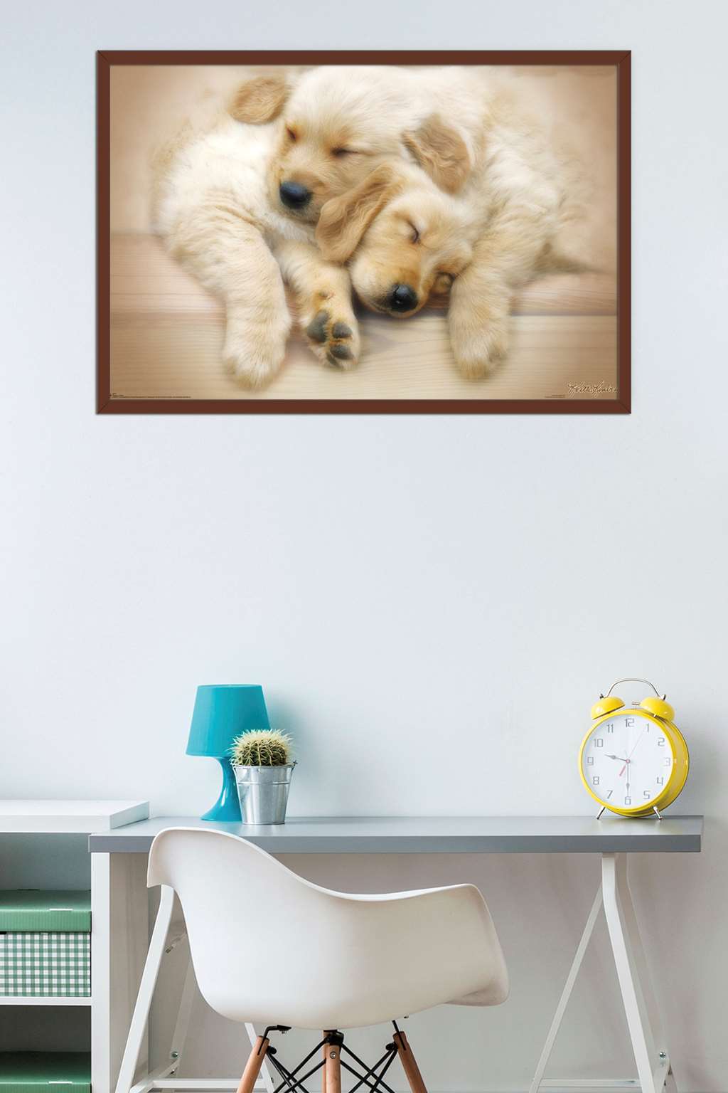 Keith Kimberlin - Puppies - Golden Retrievers Cuddling Wall Poster, 22.375" x 34", Framed