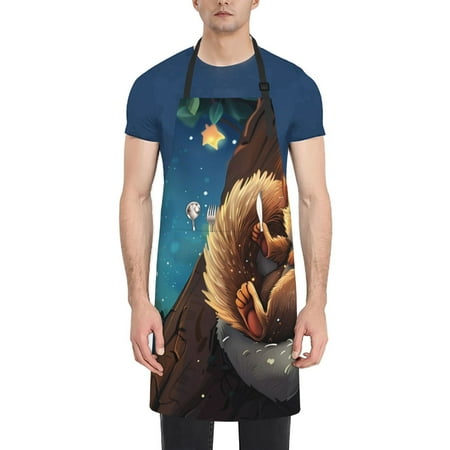 

Qekee Squirrel Sleeping In Tree Print Waterproof Apron with Pockets Adjustable Cooking Aprons Kitchen Bib for Baking Household Cleaning