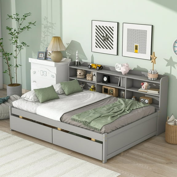Bed Frame Full Bed with Side Bookcase, Drawers, Grey
