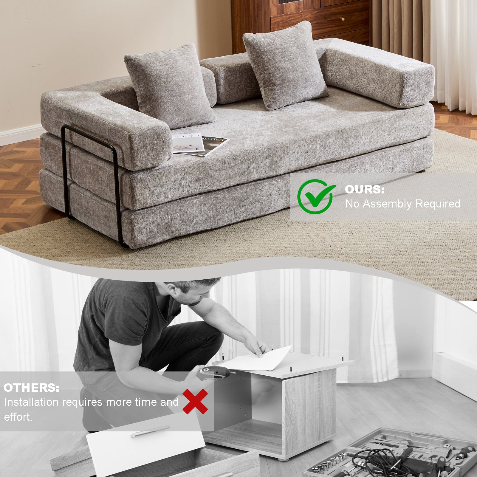 Miniyam 4 in 1 Convertible Floor Sofa Bed, Chenille Floor Couch with Armrest, Pillow for Living Room, Light Gray