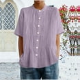 thumbnail image 3 of Ohufall Short Sleeve Shirts for Women Trendy Crew Neck Cotton Linen Tops Casual Pleated Front Button Down Shirts, 3 of 6