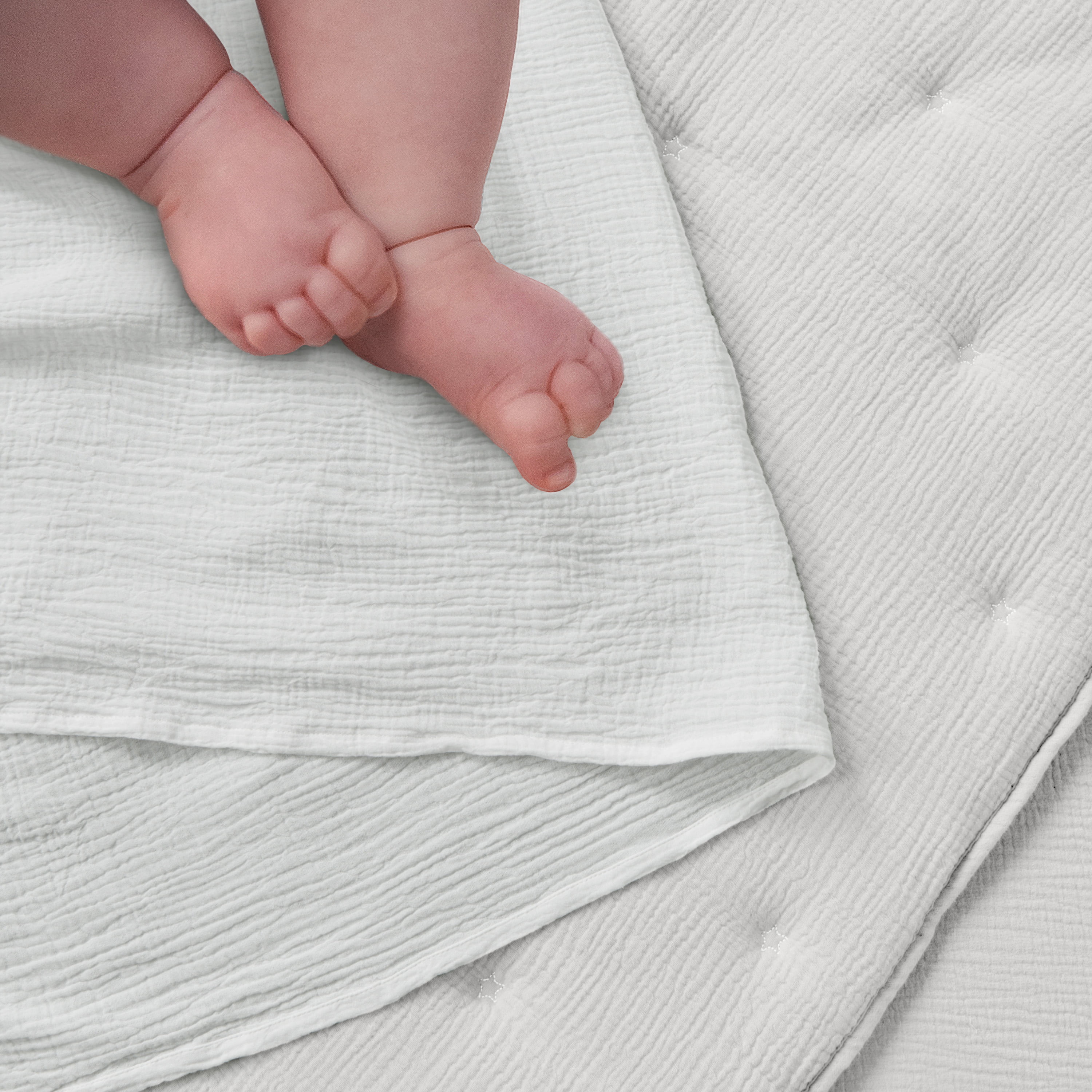 Levtex Baby - Cloud Muslin Crib Bed Set - Baby Nursery Set - White and White Stars - White Textured Muslin - 5 Piece Set Includes Quilt, Fitted Sheet, Two Swaddles & Bear Lovey