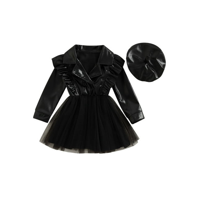 Fortune Robe en Cuir pour Petites Filles, Robe Tutu à Manches Longues Patchwork avec Béret et Chapeau